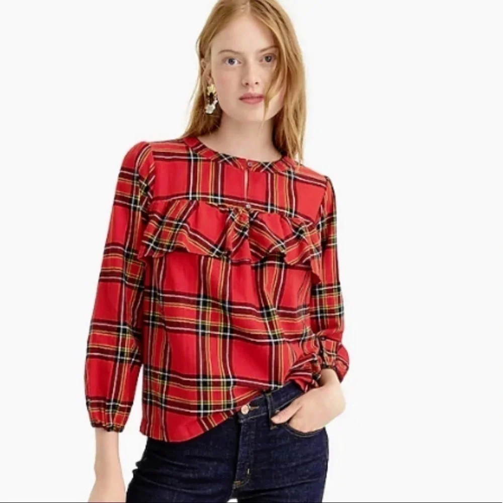 J. Crew Plaid Ruffled Top in Festival Red Small - Picture 1 of 12